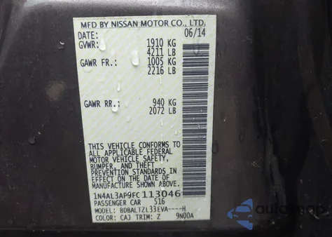 2015 Nissan Altima 2.5 Sl from USA, damaged, VIN 1N4AL3AP9FC113046